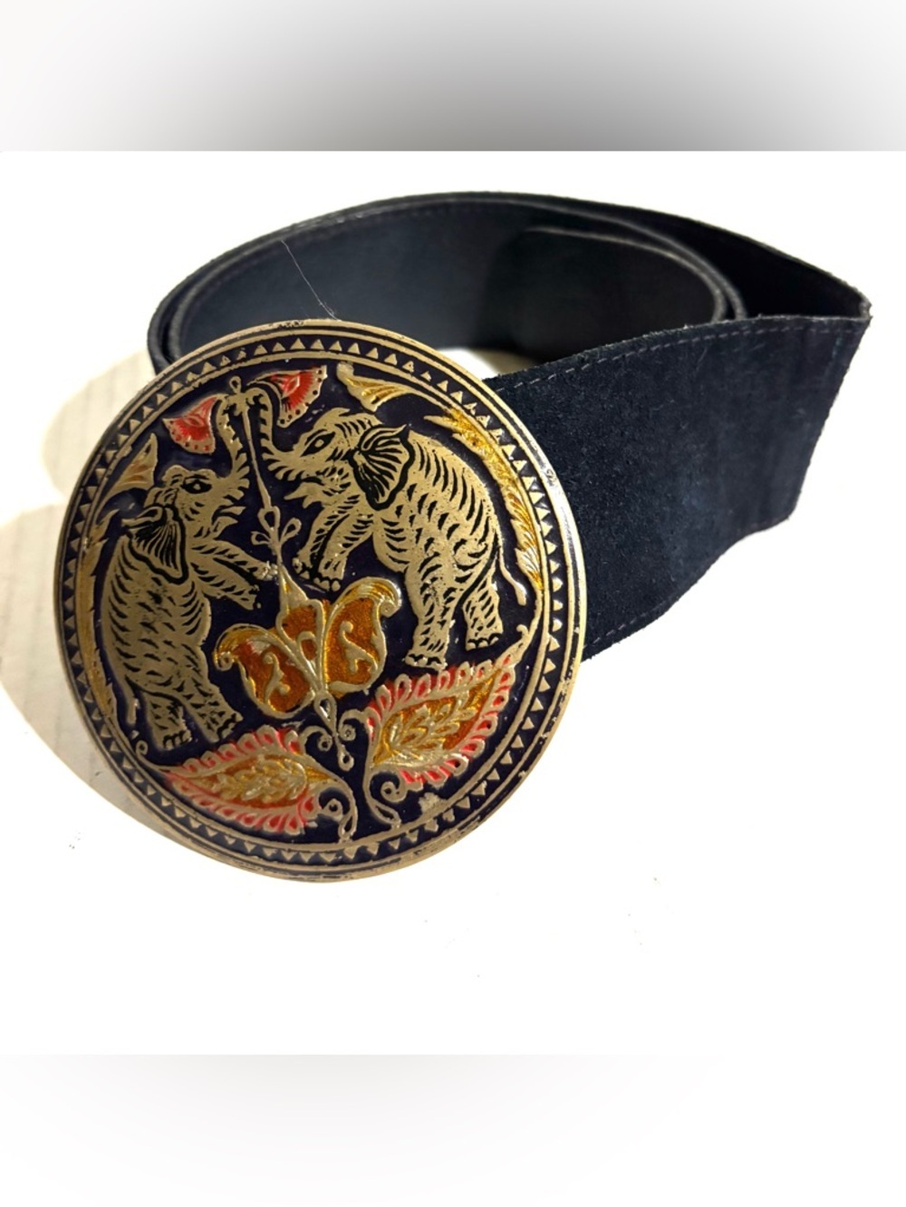 Vintage Black Suede leather Belt with Ornate Elephant Round Buckle